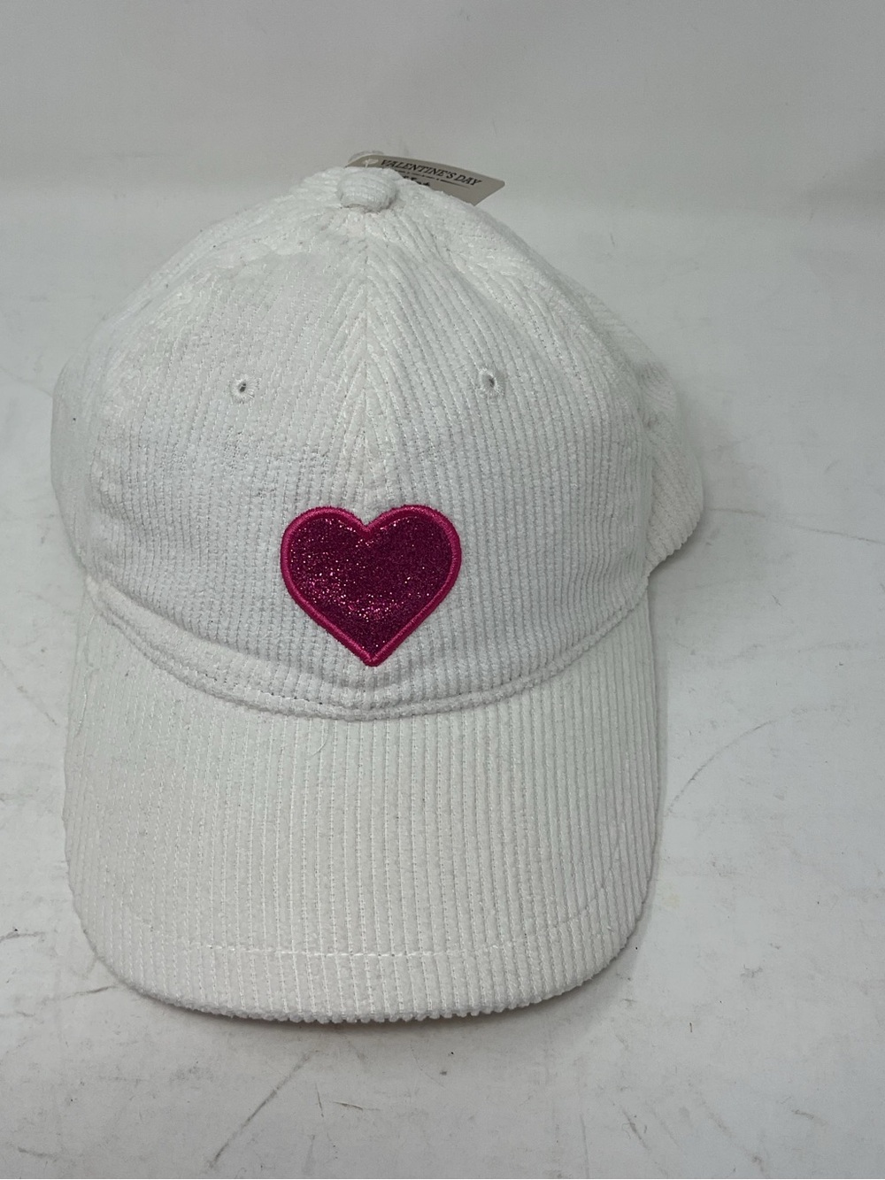 Celebrate It White Corduroy Baseball Hat with Pink Glitter Heart